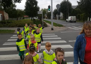 Dzieci wraz z nauczycielką przechodzą przez jezdnię na skrzyżowaniu z sygnalizacją świetlną.